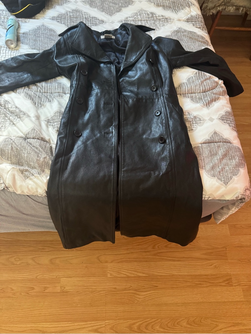 Henne Black Leather Double-Breasted Trench Coat